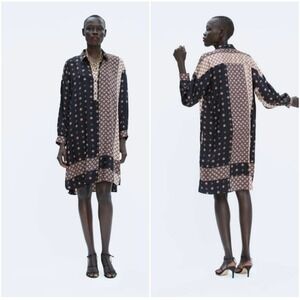 Zara Basic Womens Shirt Dress Tunic Small Black Patchwork Floral Long‎ Sleeve